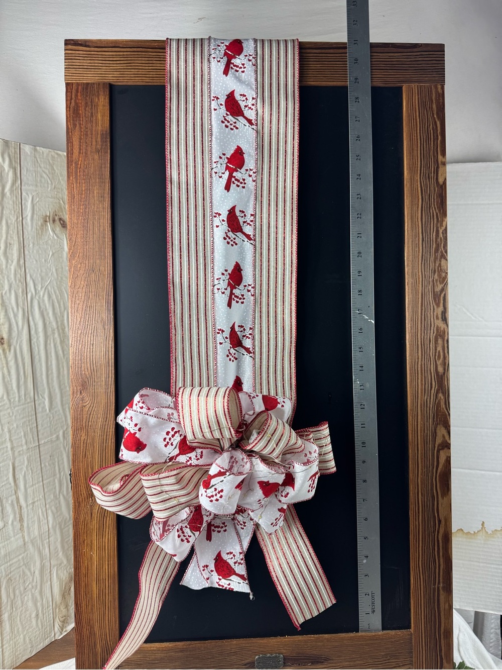 Decorative double over door bow Accent with Red Cardinal Pattern w/lights.